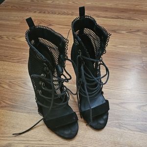 Black mesh laced up booties/heel sandals